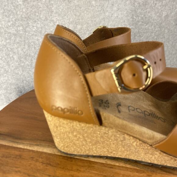 Papillio by Birkenstock Wedge Mary Cognac Brown Leather Sandals Size 36 (US 5) - Picture 3 of 12